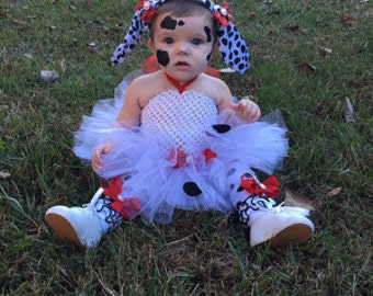 Complete Dalmatian Tutu Dress Headband/Ears, Tail & Leg warmers Costume, infant, toddler