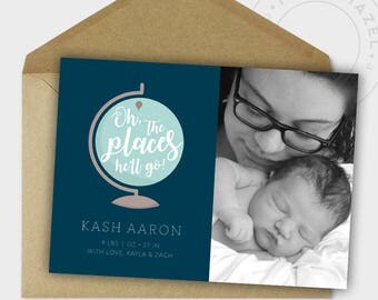 Adventure Birth Announcement - Oh, the Places He'll Go - Baby Boy - Hot Air Balloon - Printable - Personalized - 5x7