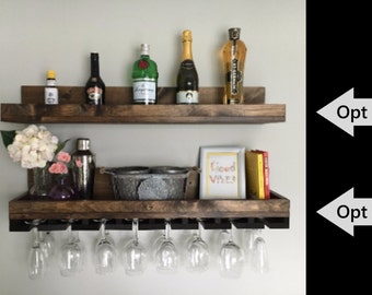 36" (LONG) Rustic Wood Wine Rack | Shelf & Hanging Stemware Glass Holder Organizer Bar Shelf Unique