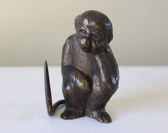 Vintage Bronze Brass Monkey Ring Holder, Brass Monkey, Contemplative Monkey, Brass Monkey Figurine