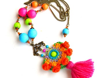long boho necklace, tassel necklace, festival necklace, mexican necklace, bright neon necklace, funky necklace, large hippie necklace