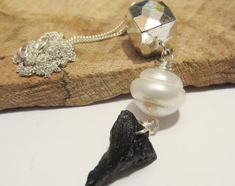 Meteorite Necklace, Pyrite Cube, Pearl, Sterling Silver, Raw Stone, Rough Moldavite Necklace, Rough Meteorite, Freshwater Pearl, Gift for