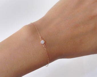 Rose Gold Solitaire Bracelet, Rose Gold Bracelet, CZ Diamond Bracelet, cubic zirconia Bracelet, bridesmaid gift, Simple Delicate Bracelet