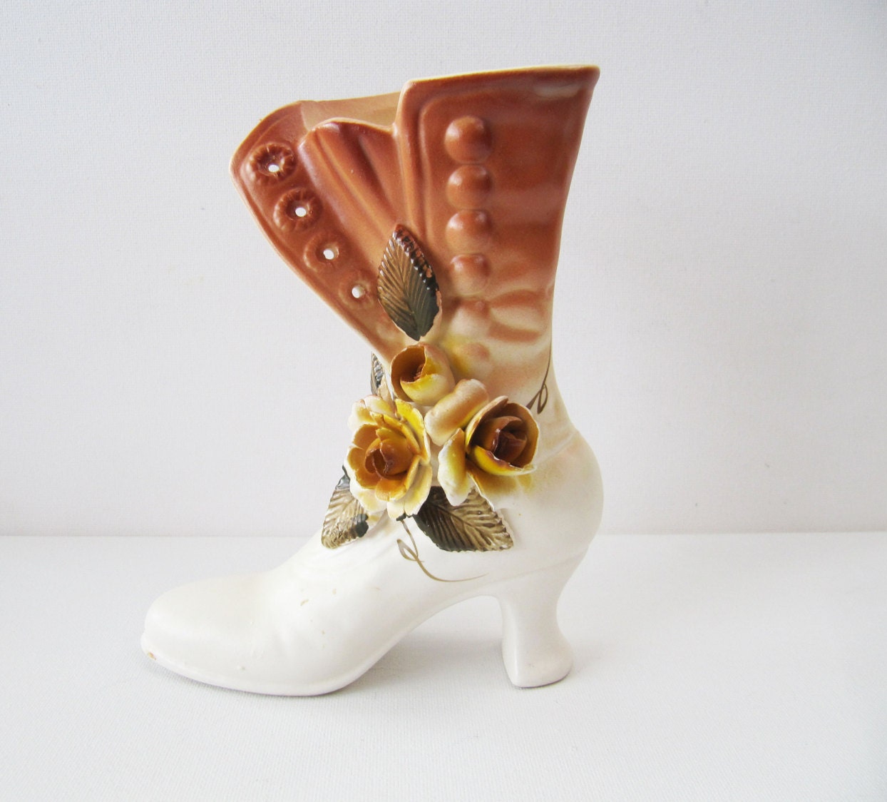 Vintage Ceramic Boot Vase Floral Boot Ornament Yellow Roses