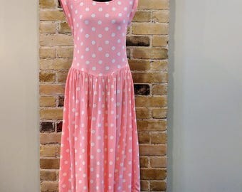 Vintage 1980's Pink With White Polka Dot 100% Cotton Drop Waist Summer Sundress Dress