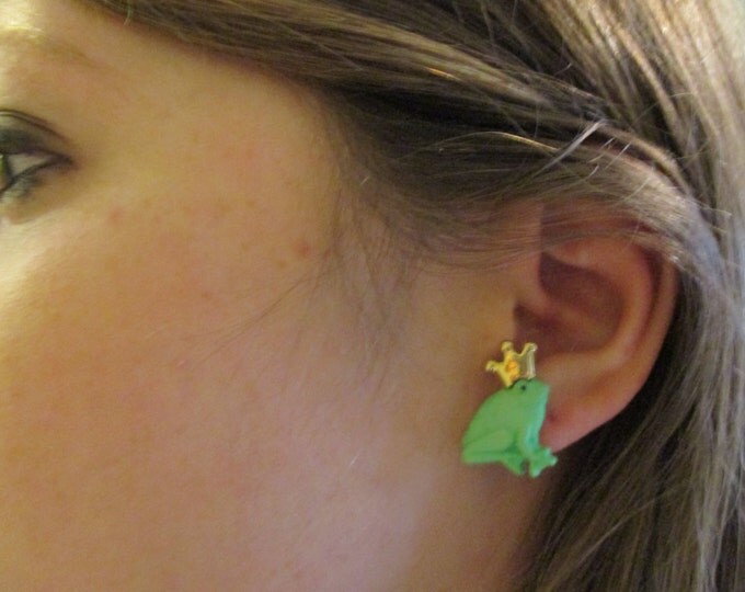 Frog Earrings-Frog Studs-Prince Charming-Frog Clip on earrings-Fairy tale jewelry-storybook earrings-teen earrings-Frog lover gift