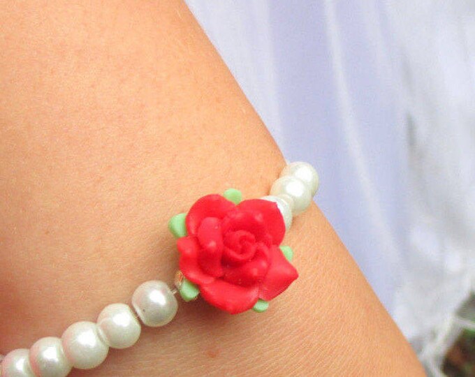 Flower Girl Jewelry-Flower Girl Bracelet-Little girls pearls-Red rose-Childs Pearl Jewelry Set-Childrens Pearls-Clay