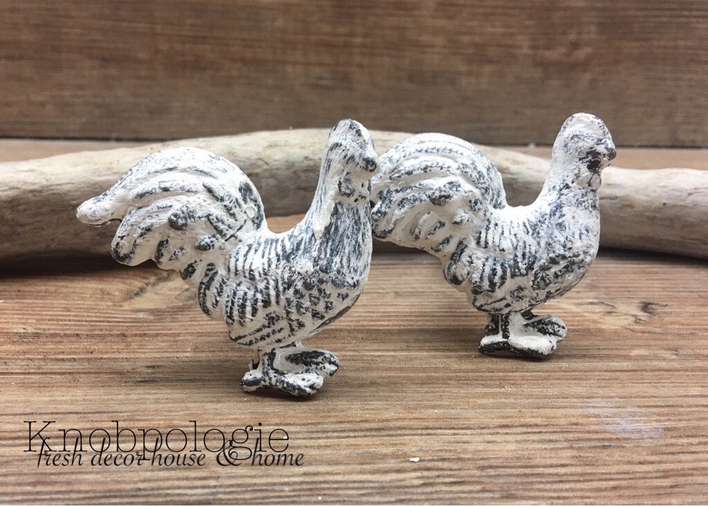 SET OF 4 Distressed White Rooster Metal Knobs Farm Animal Drawer