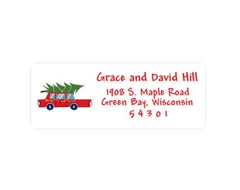 Christmas Return Address Labels - Stickers - Set of 30 - Custom - Personalized - Christmas Tree - Car - Red and Green
