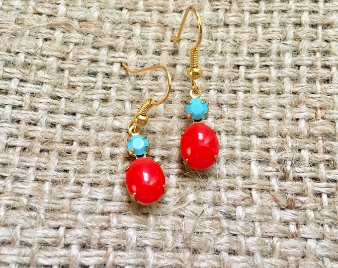 Coral and Turquoise Earrings, Coral Drop Earrings, Turquoise Earrings, Jewel Stone Earrings, Vintage Earrings, Czech Glass Stones