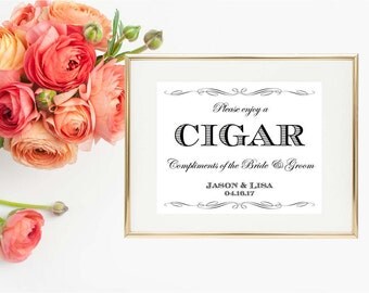 Cigar Bar Wedding Printable Sign, White & Black Wedding Print, 8"x10" Personalized, Wedding Printable, Cigar Print. Party Sign