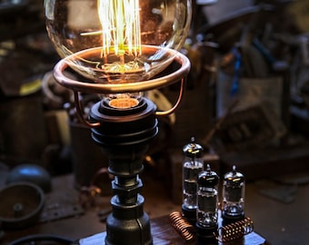 Handcrafted Steampunk/Industrial table lamp with Electrical Valve detail