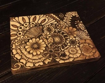 Pyrography - Wood Burning - Henna Style Flowers Design - 8"x10" Handmade Wood Burn