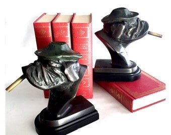 Brass Bulldog Smoking Cigar Bookends, Vintage Brass Bookends, Cigar BookEnds, Smoking Bulldog Bookends, Brass Dog with Cigar Bookends