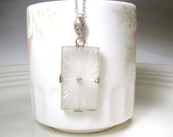 1920's Antique Edwardian/Art Deco Camphor Glass Necklace, Sterling Silver Rhinestone Pendant Bridal Necklace 1930s Vintage Wedding Jewelry