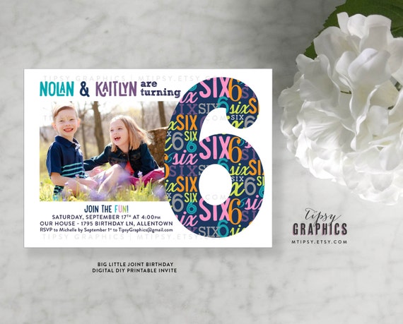 BIG Little. Girl/BoyTwins Joint Siblings Bold Graphic & Modern Birthday Invite with Photo by Tipsy Graphics. Any age, any colors Il_570xn