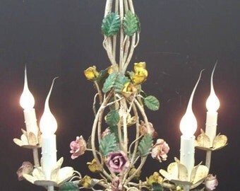 Italian Tole Rose Chandelier Distressed White Weathered Shabby Chic Pink Yellow Rosebud Chandelier 5 Light Rusty Rose Chandelier DD 1238