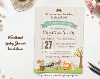 WOODLAND Baby Shower Invitation, Forest Animals, Fox Deer Raccoon BOY Rustic Style Invitation Woodland Flowers Gender Neutral Printable