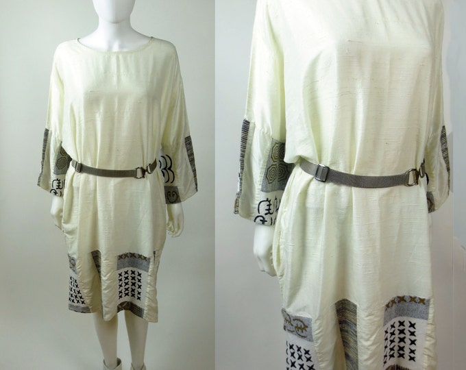 70s Afro Grecian Indian embroidered silk shantung boho caftan tunic dress