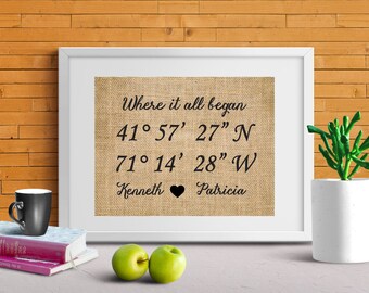 Where it all began - Gps Coordinates print, Latitude-Longitude print, Gift for husband, Gift for wife, Love story Coordinate Burlap Print-9Z