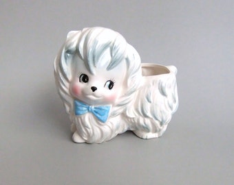 Lefton Dog Planter, Vintage Dog, Blue Bow Tie, Nursery Planter, Made in Japan, Ceramic Dog