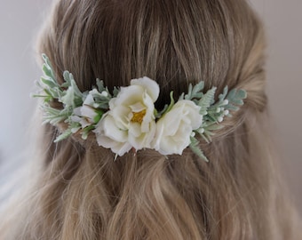 Wedding Flower Comb- Bridal headpiece- Elegant wedding Comb- Ivory Floral Comb- Back Flower Comb- Sage Greenery Comb- Summer Wedding