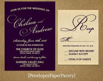 Elegant Purple Wedding Invitation,Purple,Gold,Purple and Gold,Shimmery,Calligraphy,Formal,Traditional,Custom,Printed Invitation,Wedding Set