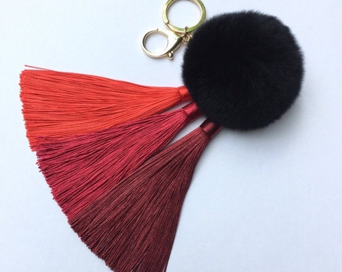 Red Gradient Tassel Handbag Charm Fur Pom Pom ball keychain