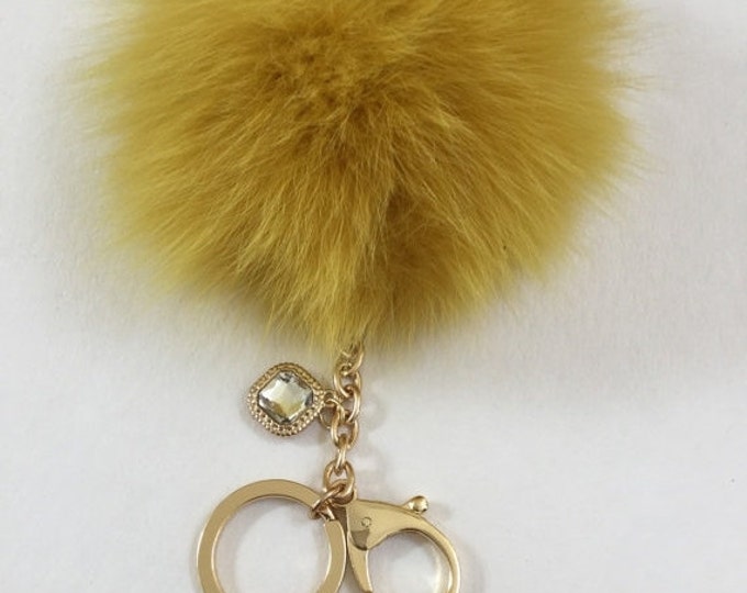 Rusty Yellow Fox Fur Pom Pom keychain ball luxury bag pendant with clear crystal charm