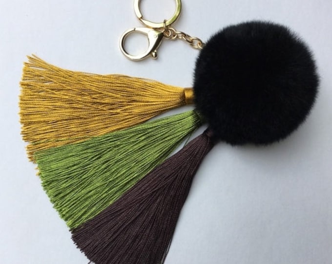 Gold/Brown Gradient Tassel Handbag Charm Fur Pom Pom ball keychain