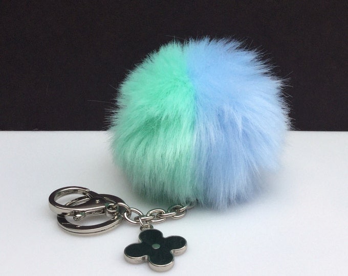 Faux Duo Light Blue Mint Fur Pom Pom bag Keyring keychain pom pom fake fur ball