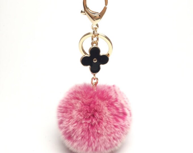 Hot Pink Frost fur pom pom keychain REX Rabbit real fur puff ball with flower bag charm keyring