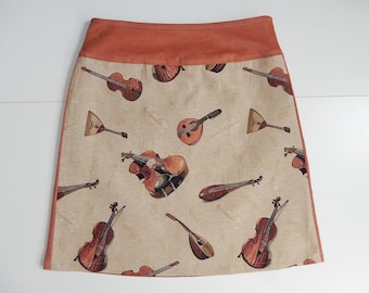 Violin / string instruments skirt, A-line skirt, brown, print, size EU 38/40 (USA 8/10 - UK 10/12), cotton, lining
