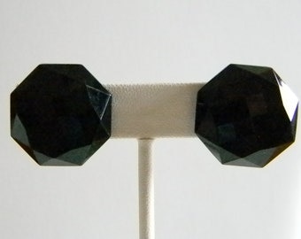 Black Faceted Octagon Button Clip Earrings