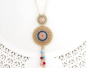 Colorful necklace, Bright necklace, Circle pendant necklace, Summer necklace, Long pendant necklace, Multicolor necklace, Colorful pendant