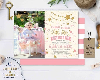 Twinkle Twinkle Little Star Birthday Invitation, Pink, Gold Twinkle Little Star Invitation, Twinkle First Birthday Invitation DIGITAL FILE