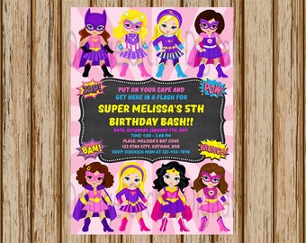 Girls Superhero Birthday Invitations- Pink Super Hero Invitations - Girls Superhero Party- Superhero Invitations- 5" x 7" size- Digital