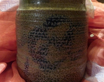 Primitive Salt Glaze Crock Signed CORR Small Cobalt Decorated Very old 18th or 19th Century American Stoneware Pottery Crock