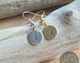 Initial earrings or silver plated or 24 k gold plated numbers with letter and number printed heart charms engraved by hand