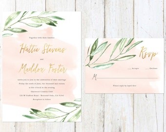 Rustic Watercolor Wedding Invitation, Gold and Watercolor Wedding Invitation, Olive Branch Wedding Invitation