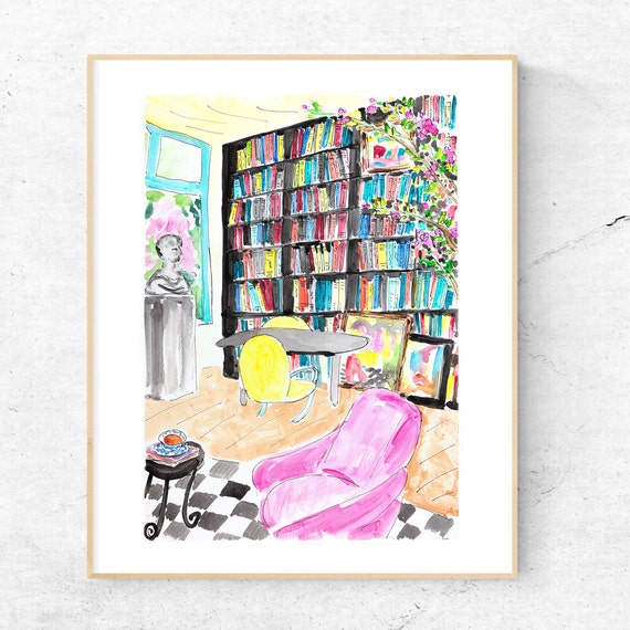 Items similar to Stunning library painting. Tea and books. Bookshelf