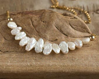 Freshwater Pearl Bar Necklace, June Birthstone Keshi Pearl Jewellery, Ivory Druzy Pearl Necklace, Organic Baroque Pearl Jewelry