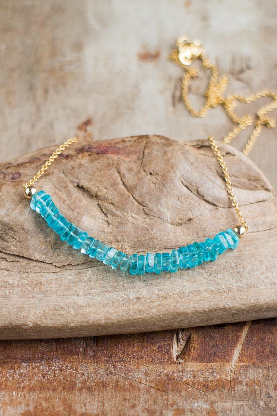 Blue Apatite Necklace in Silver or Gold, Sky Blue Apatite Bar Necklace, Bright Aqua Blue Apatite Necklace, Beaded Apatite Crystal Jewelry
