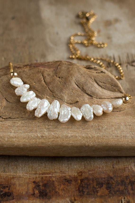 Freshwater Pearl Bar Necklace, June Birthstone Keshi Pearl Jewellery, Ivory Druzy Pearl Necklace, Organic Baroque Pearl Jewelry