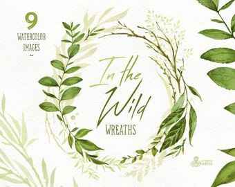 In the Wild. Watercolor floral wreaths, branches, leaves, wedding invitation, suite, greeting card, clipart, green, stickers, planner, itw