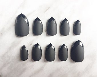 Black Matte and Glossy Tip Contrast Stiletto Press On False Nails Fake Nails