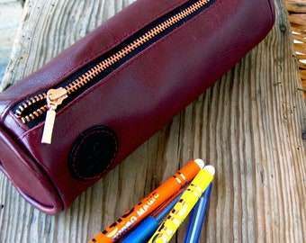Leather case leather pencil case RedLeather roll leather pencil pouch Leather cosmetic bag