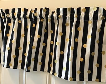Black and White Striped Curtain Valance with GOLD Polka dots