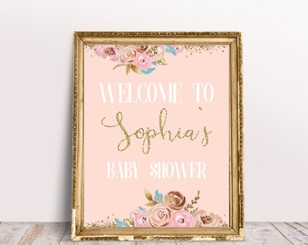 Welcome Baby Shower Sign  - Welcome sing - Baby shower decoration - pink and gold floral baby shower decor - instant download DIY sign