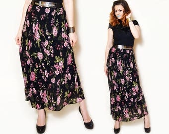 90s maxi skirt floral pattern pink flower print high waist maxis sheer black floaty sexy long bohemian summer elegant gypsy romantic date